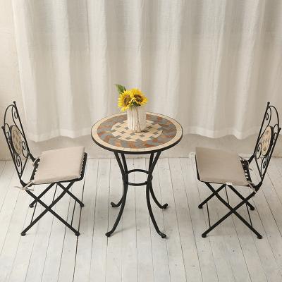 Mosaic folding table and chair three-piece set